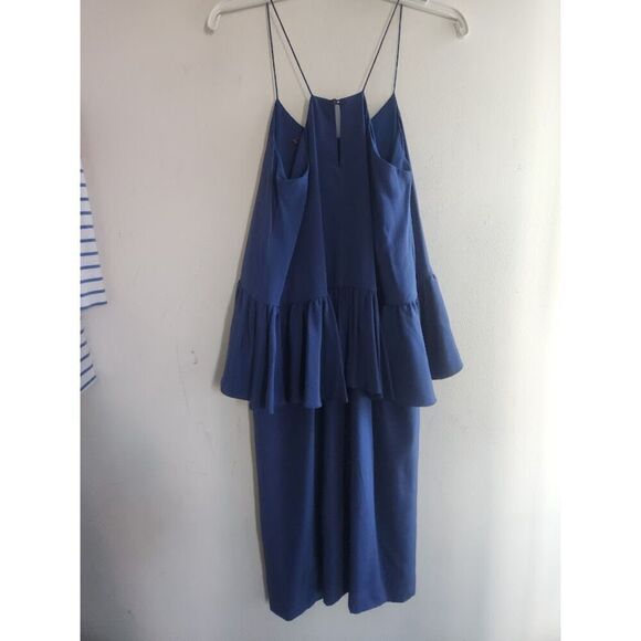 Tibi Women Purple/Blue 100% Silk Satin Drape Tiered/Peplum Midi Dress size 4 - Picture 3 of 11